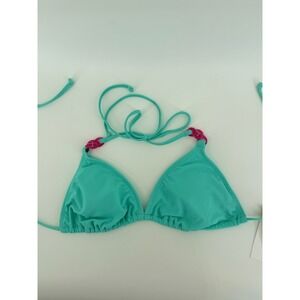 Salt + Cove Aqua String Triangle Bikini Top with Pink Chain Detail Size L NEW